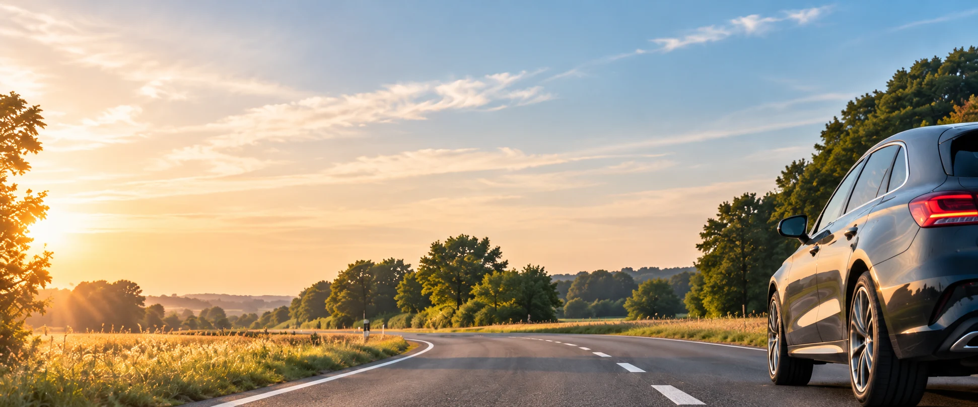 Auto langs een landelijke weg in het avondlicht